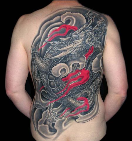 Tattoos - Black and Grey Asian Dragon Back Piece - 79355